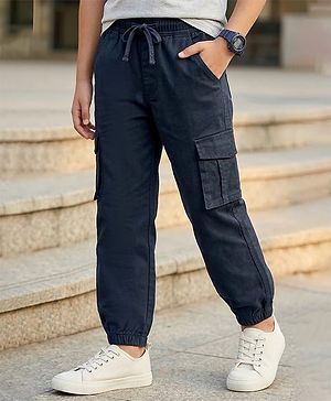 Pine Kids Cotton Elastane Woven Full Length Solid Color Trouser - Navy Blue