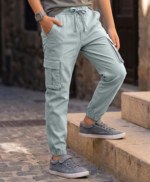 Pine Kids Cotton Woven Full Length Solid Jogger With Cargo Pockets - Light Blue