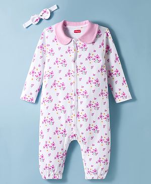 Babyhug 100% Cotton Knit Full Sleeves Romper With Floral Print & Hairband - White