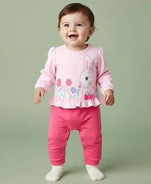 Babyhug 100% Cotton Knit Full Sleeves Romper With Bunny & Floral Print - Pink