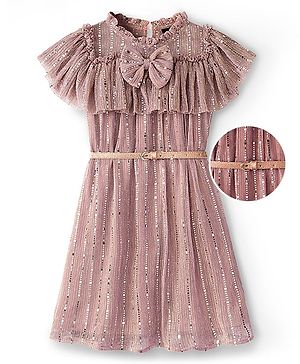 Hola Bonita Knit Frill Half Sleeves Party Dress with Yoke & Mirror Detailing & Belt - Rose Gold