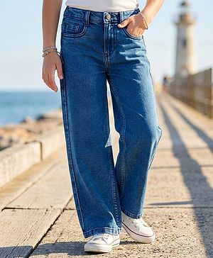 Pine Kids Denim Woven Ankle Length Washed Jeans With Pockets - Blue