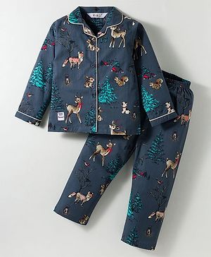 Enfance Core Full Sleeves  Animals Printed Coordinating Night Suit Set - Navy Blue