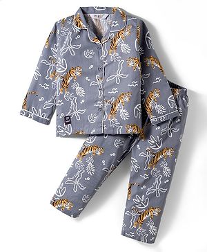 Enfance Core Full Sleeves Tiger Printed Night Suit Set - Grey