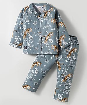 Enfance Core Full Sleeves Tigers Printed Coordinating Night Suit Set - Green