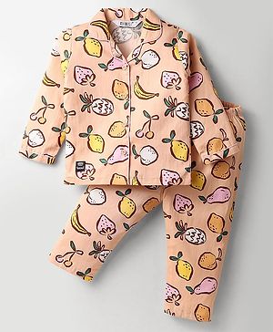 Enfance Core Full Sleeves Fruits Printed Coordinating Night Suit Set - Peach