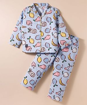 Enfance Core Full Sleeves  Fruits Printed Coordinating Night Suit Set - Blue