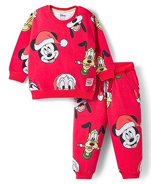 Bonfino Disney Terry Knit Full Sleeves Co-Ord Sweatshirt and Joggers Set with Mickey and Friends - Red