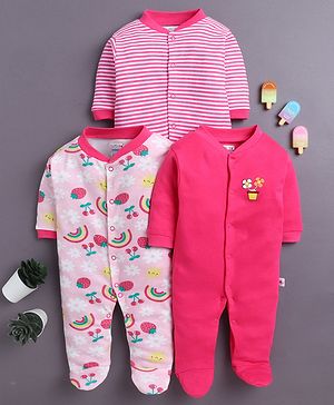 BUMZEE Cotton Knit Pack Of 3 Full Sleeves Floral Printed & Striped Sleepsuits - Pink & Baby Pink
