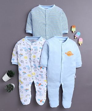 BUMZEE Cotton Knit Pack Of 3 Full Sleeves Space Printed Sleepsuit - Sky Blue & White