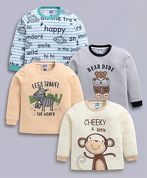 Little Ninja Cotton Knit Pack Of 4 Full Sleeves Striped & Cute Baby Animals Printed Polo Tee - Multi Colour