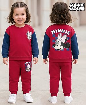 Babyhug Disney Terry Knit  Full Sleeves Sweatshirt and Track Pant Set with Minnie Mouse Graphic - Maroon