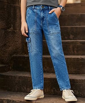 Pine Kids Denim Woven Full Length Solid Color Jeans with Cargo Pockets - Blue