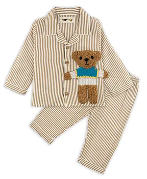 TIPPY TOP Cotton Woven Full Sleeves
                              Teddy Bear Applique Detailed Striped
                              Coordinating Night Suit Set - Beige