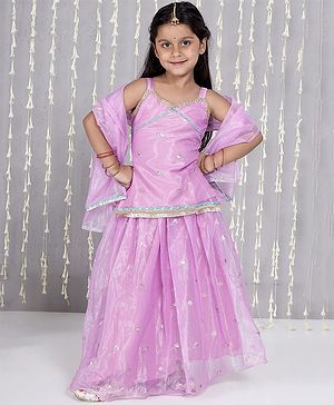 KID1 Net Woven Sleeveless Floral Embroidered & Gota Lace Embellished Kurti Lehenga With Dupatta Set - Purple
