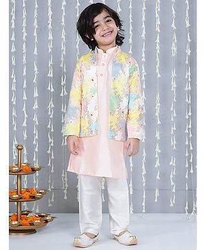 KID1 Silk Woven Full Sleeves Solid Kurta Pyjama With Floral Printed Jacket Set - Peach
