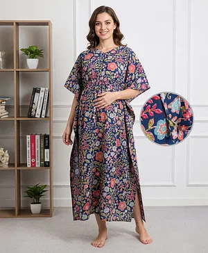 Bella Mama Cotton Woven Half Sleeves
                              Maternity Kaftan Nighty with Floral Print
                              - Blue