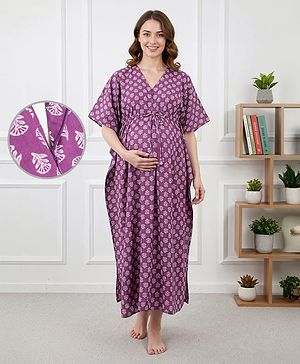 Bella Mama Cotton Woven Half Sleeves Maternity Kaftan Nighty with Floral Print - Purple
