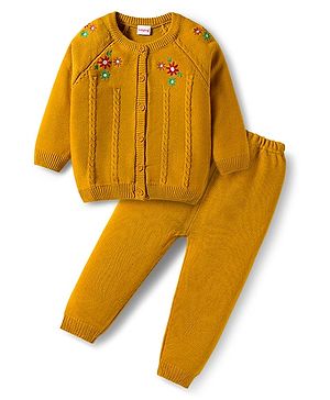 Babyhug Knitted Full Raglan Sleeves Sweater Set With Floral Embroidery - Yellow