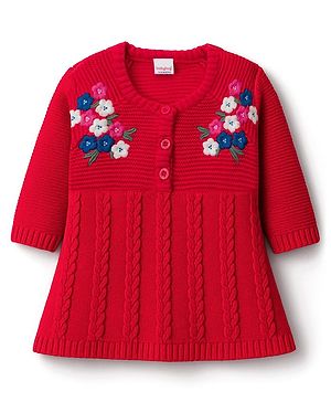 Babyhug Knit Full Sleeves Woollen Dress with Floral Embroidery & Cable Knit Design - Coral