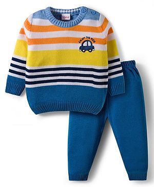 Babyhug Knitted Full Sleeves Striped Sweater Set - Navy Blue