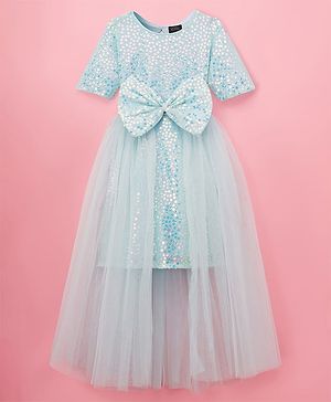 Hola Bonita Knit Half sleeves Party Dress & Skirt With Floral Sequin and  Shimmer Veil With Bow Applique - Light Blue