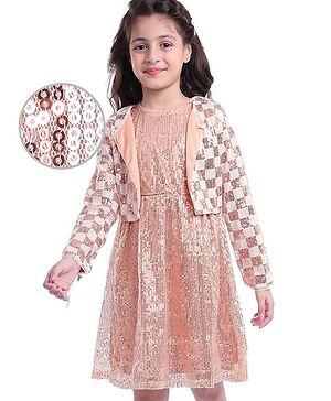 Hola Bonita Knit Full Sleeves  Jacket With Sequinned Party Dress - Golden