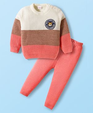 Babyhug Knitted Full Sleeves Sweater Set With Color Block Design & Badge Detailing - Pink & White