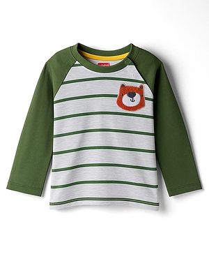 Babyhug 100% Cotton Knit Full Raglan Sleeves T-Shirt with Stripes & Patch Detailing - Green & Grey