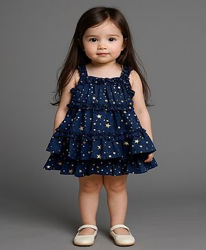 KIDSDEW Georgette Woven Sleeveless Stars Foil Printed Layered Dress - Navy Blue