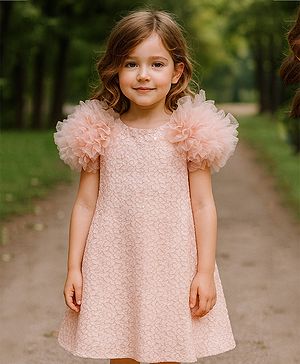KIDSDEW Lace Woven Half Sleeves Embroidered & Sequins Embellished Dress - Peach