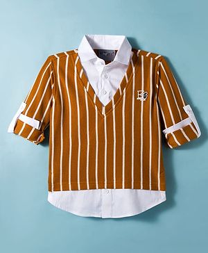 Dapper Dudes Full Sleeves Striped Tee With Attached Shirt - Mustard