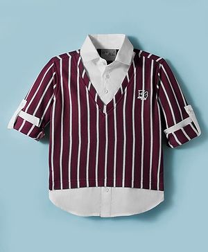 Dapper Dudes Full Sleeves Striped Tee With Attached Shirt - Maroon