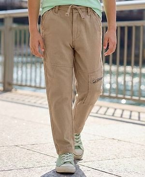 Pine Kids Cotton Elastane Woven Full Length Solid Colour Trouser Pant - Tan