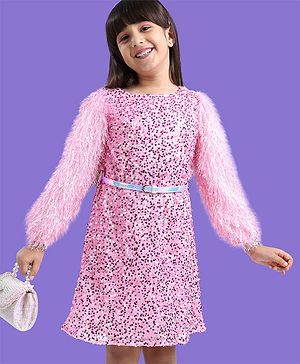 Hola Bonita Fur Long Sleeves All Over Sequin Detailing Party Dress with Belt - Pink