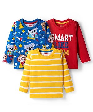 Babyhug 100% Cotton Knit Full Sleeves T-Shirts with Stripes & Animal Print Pack of 3 - Blue Red & Yellow