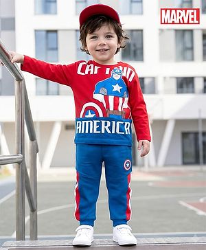 Babyhug Marvel Single Jersey Knit Full Sleeves T-Shirt & Trackpant Set with Captain America Graphic & Badge Detailing - Red & Blue