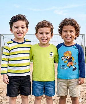 Babyhug 100% Cotton Knit Full Raglan Sleeves T-Shirts with Stripes & Animal Print Pack of 3 - Neon Green & Light Blue