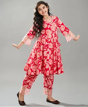 Bitiya By Bhama Cotton Woven Three
                              Fourth Sleeves Floral Printed Flared Kurta
                              Pant Set - Pink