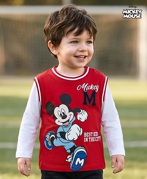 Babyhug Disney Single Jersey Knit Full Sleeves Cut & Sew T-Shirt with Mickey Mouse Graphic - Red & White