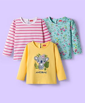 Babyhug 100% Cotton Knit Full Sleeves T-Shirts with Stripes Animal & Floral Print Pack of 3 - Light Blue Pink & Yellow