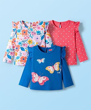 Babyhug 100% Cotton Knit Full Sleeves T-Shirts with Polka Dot Butterfly & Floral Print & Frill Detailing Pack of 3 - Pink Blue & White