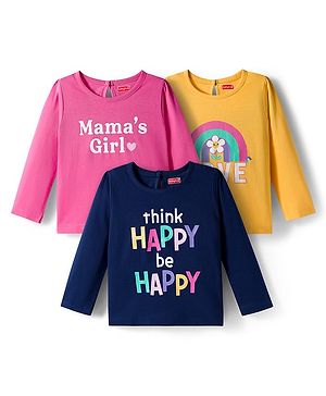 Babyhug 100% Cotton Knit Full Sleeves T-Shirts with Mamas Girl Text Print Pack of 3 - Pink Navy Blue & Yellow