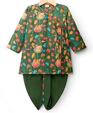 Babyhug Chiffon Woven Full Sleeves Kurta Dhoti Set with Floral Print - Green