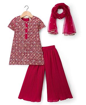 Babyhug Georgette Woven Half Sleeves Kurta Palazzo Set With Sequin Detailing & Dupatta - Dark Pink