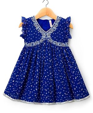 Babyhug Georgette Woven Sleeveless Ethnic Dress With Bandhani Print & Floral Embriodery - Blue
