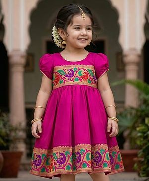 Babyhug Woven Half Sleeves Ethnic Dress With Brocade Design - Fuschia