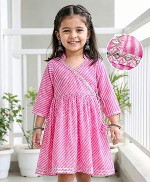 Babyhug Cambric Woven Three Fourth Sleeves Printed Ethnic Dress - Pink