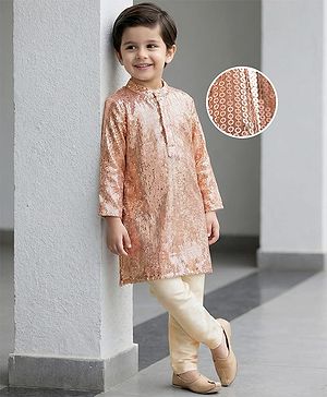 Babyhug Woven Full Sleeves Kurta Pajama Set with Sequin Detailing - Golden