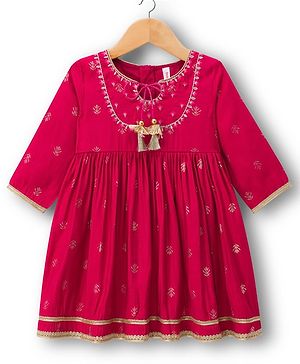 Babyhug Woven Three Fourth Sleeves Ethnic Dress With Floral Foil Print - Dark Pink
